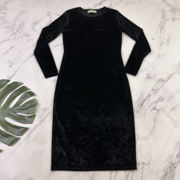 Michael Kors Womens Velvet Midi Dress Size M Black Long Sleeve Sheath Stretch - Picture 1 of 10